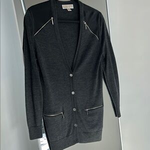 MICHAEL KORS Small Black Cardigan with Leather & Zipper Details